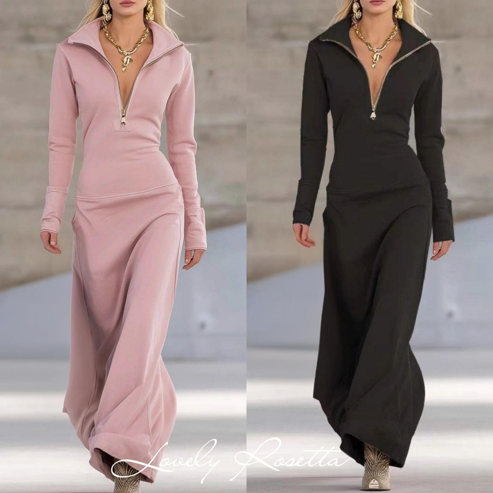 Pink Half Zip Maxi Dress